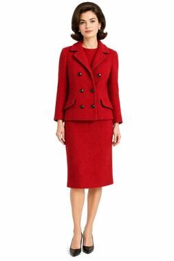 1960s Travers Red Bouclé Wool 3pc Skirt Suit Small Jackie O